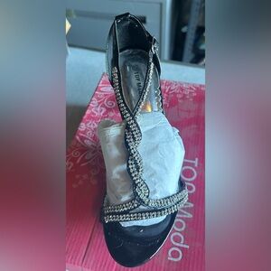TOP Moda Black Rhinestone T-Strap Heels 7.5